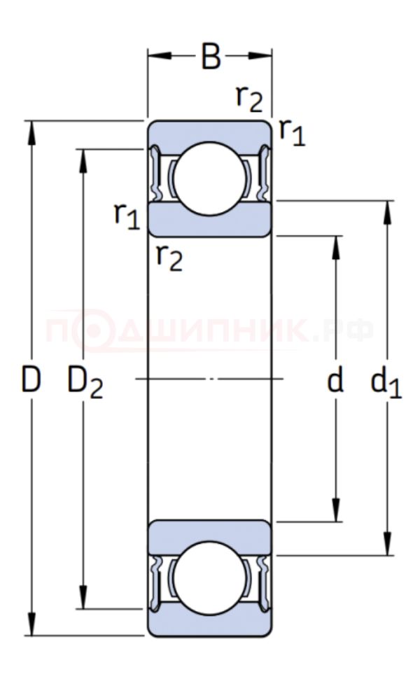 Чертеж подшипника 6306 2RS1 SKF